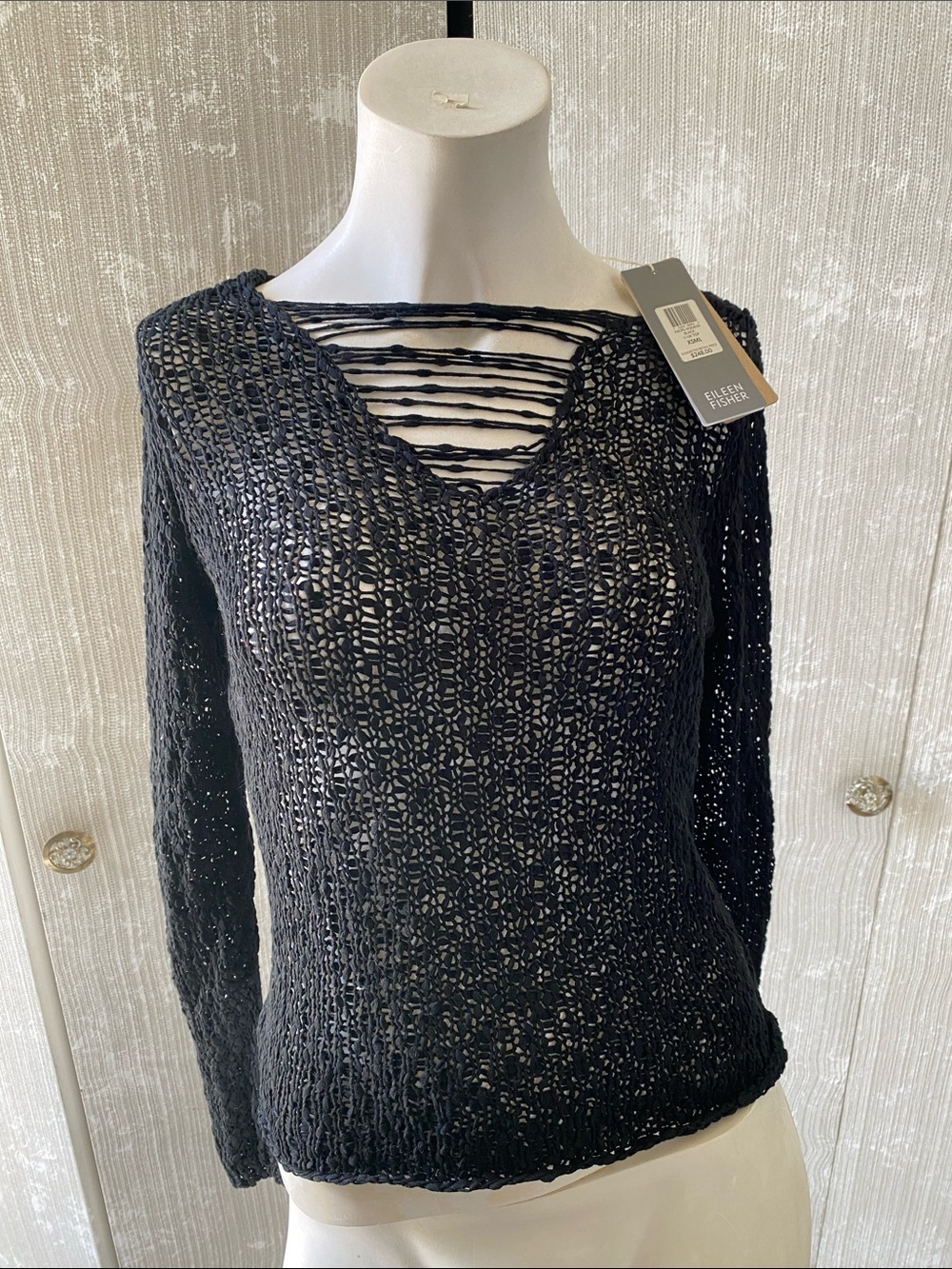 Eileen Fisher Black Open-Knit V-Neck Sweater with Ladder Detail